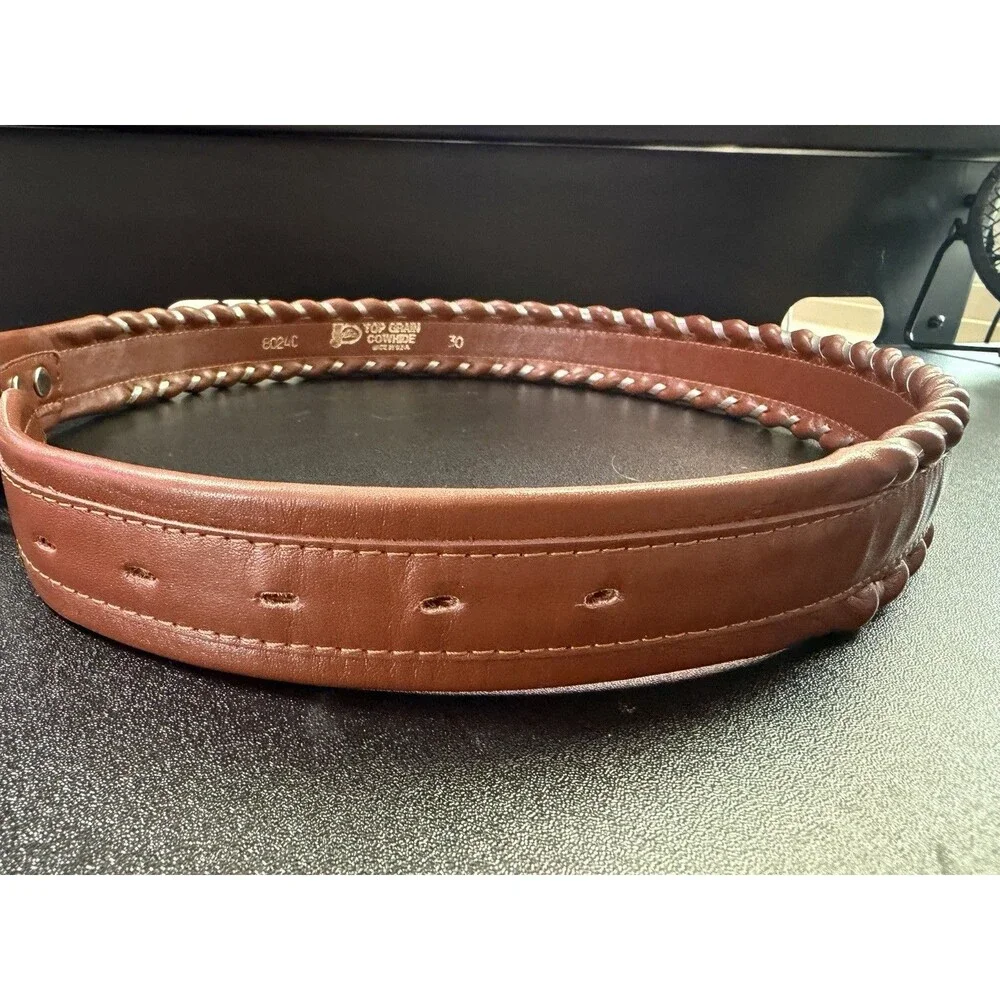 Vintage Justin Belt 30 Brown Cowhide Leather Silver Braid Trim USA 8024C Western